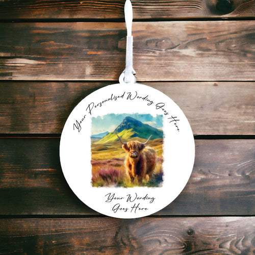 UV886 - Acrylic and UVDTF Personalised Round Hanging  - Highland Cow 20 - Olifantjie - Wooden - MDF - Lasercut - Blank - Craft - Kit - Mixed Media - UK