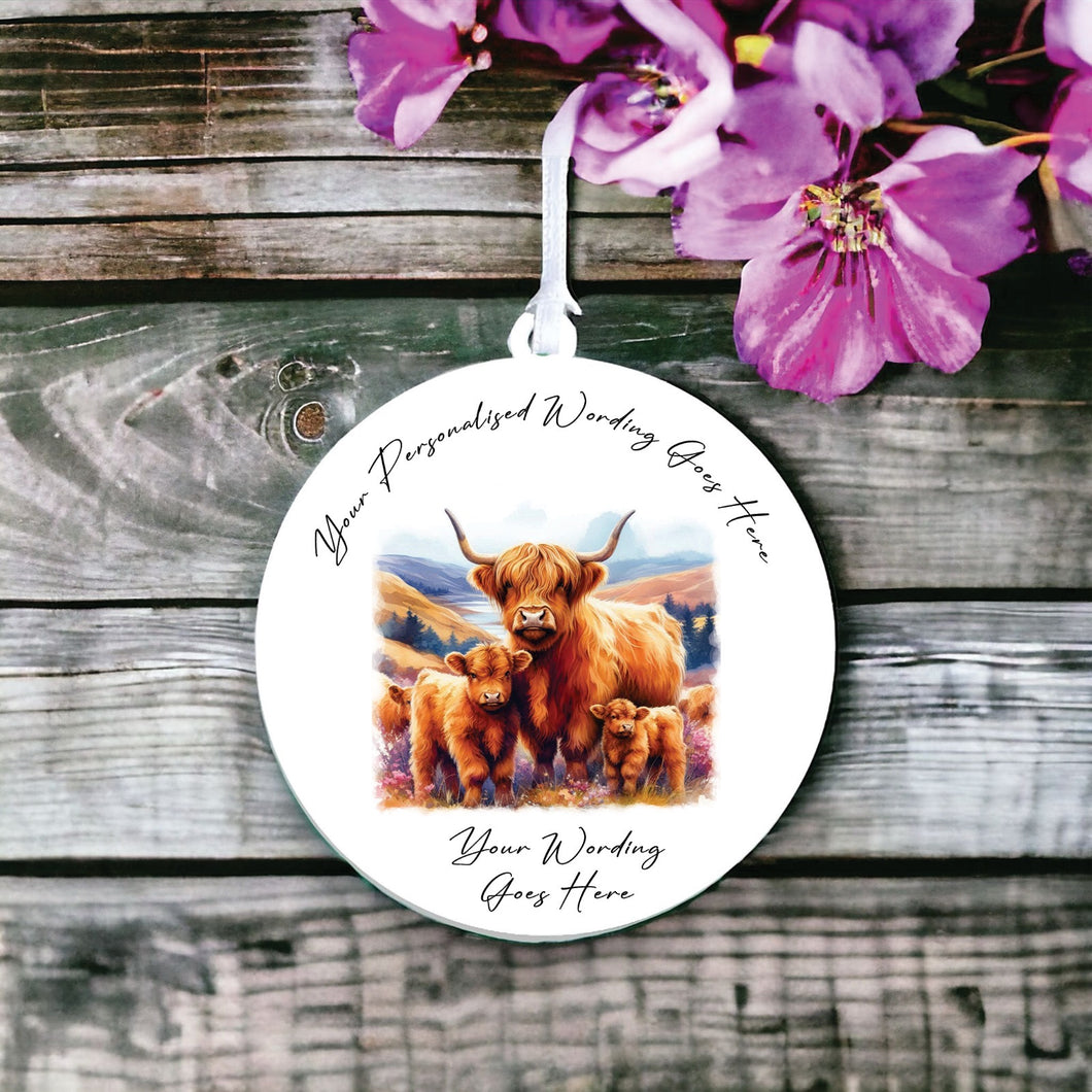 UV876 - Acrylic and UVDTF Personalised Round Hanging  - Highland Cow 10 - Olifantjie - Wooden - MDF - Lasercut - Blank - Craft - Kit - Mixed Media - UK