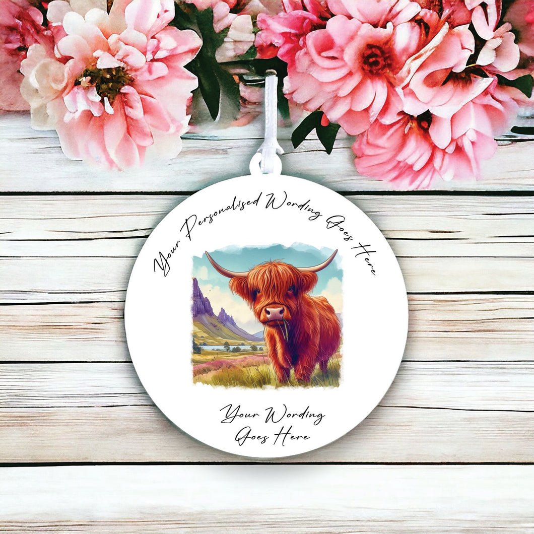 UV873 - Acrylic and UVDTF Personalised Round Hanging  - Highland Cow 7 - Olifantjie - Wooden - MDF - Lasercut - Blank - Craft - Kit - Mixed Media - UK