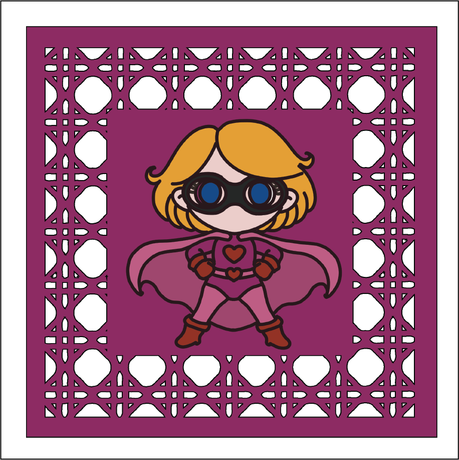 OL5897 - MDF Rattan effect square plaque with backing Superhero doodle - 4 - Olifantjie - Wooden - MDF - Lasercut - Blank - Craft - Kit - Mixed Media - UK