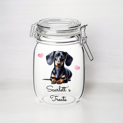 UV200 - Personalised Dog Treat UVDTF Decal with optional Heart colour - Black and Tan Sitting  Dachshund - Olifantjie - Wooden - MDF - Lasercut - Blank - Craft - Kit - Mixed Media - UK