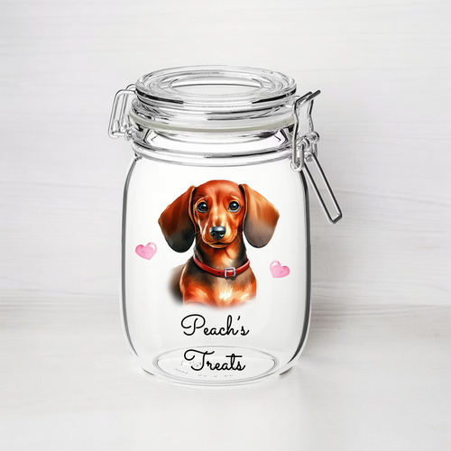 UV196 - Personalised Dog Treat UVDTF Decal with optional Heart colour - Red Dachshund - Olifantjie - Wooden - MDF - Lasercut - Blank - Craft - Kit - Mixed Media - UK