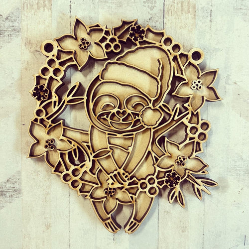 OL3660 - MDF Christmas Sloth doodle Holly Bauble - Olifantjie - Wooden - MDF - Lasercut - Blank - Craft - Kit - Mixed Media - UK