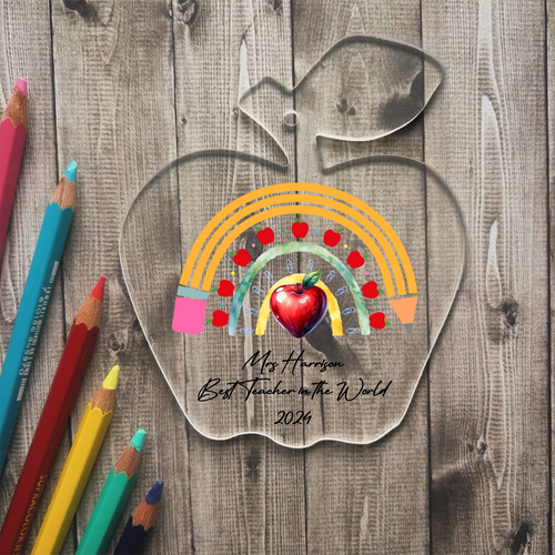 UV005 - Acrylic and UVDTF Personalised Apple Hanging - Teacher Rainbow - Olifantjie - Wooden - MDF - Lasercut - Blank - Craft - Kit - Mixed Media - UK