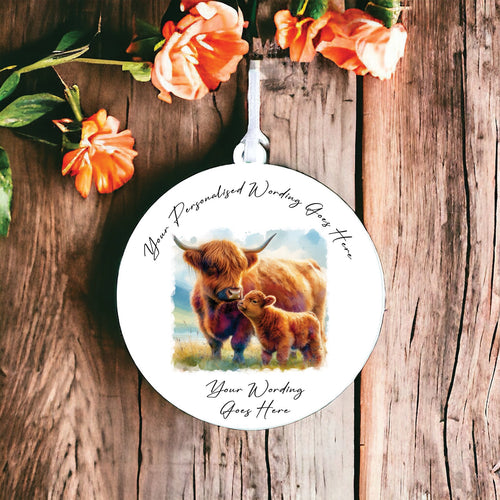 UV885 - Acrylic and UVDTF Personalised Round Hanging  - Highland Cow 19 - Olifantjie - Wooden - MDF - Lasercut - Blank - Craft - Kit - Mixed Media - UK