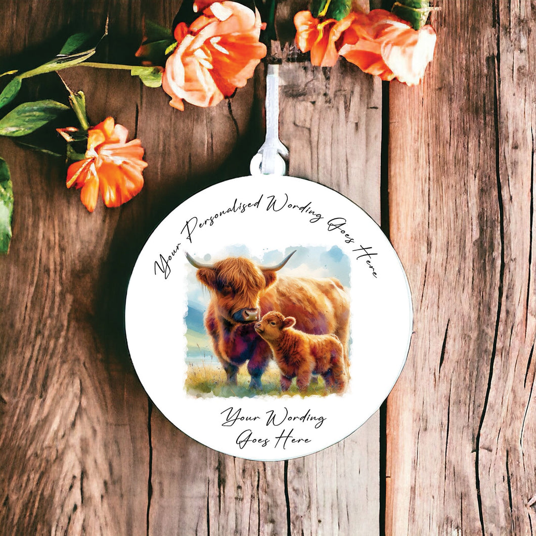 UV885 - Acrylic and UVDTF Personalised Round Hanging  - Highland Cow 19 - Olifantjie - Wooden - MDF - Lasercut - Blank - Craft - Kit - Mixed Media - UK