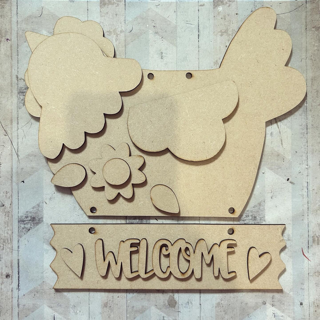 NO044 - MDF Welcome Chicken  Plaque 25cm - Olifantjie - Wooden - MDF - Lasercut - Blank - Craft - Kit - Mixed Media - UK