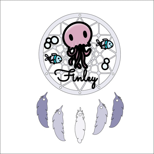 DC116 - MDF Doodle Dream Catcher - with Initial or Wording - Jellyfish - Olifantjie - Wooden - MDF - Lasercut - Blank - Craft - Kit - Mixed Media - UK