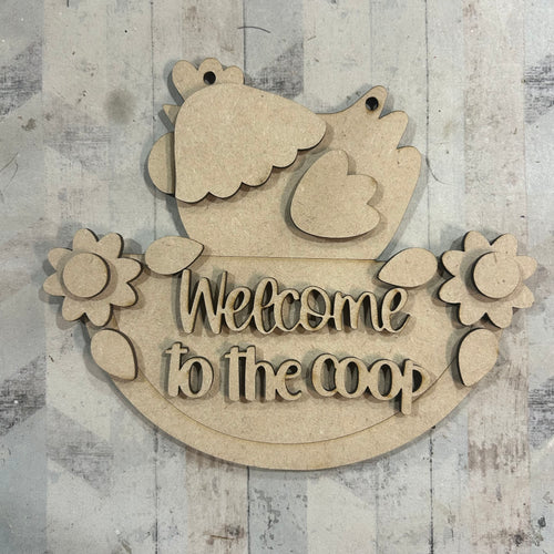 NO631 - MDF Welcome to the Coop chicken Hanging sign - Olifantjie - Wooden - MDF - Lasercut - Blank - Craft - Kit - Mixed Media - UK