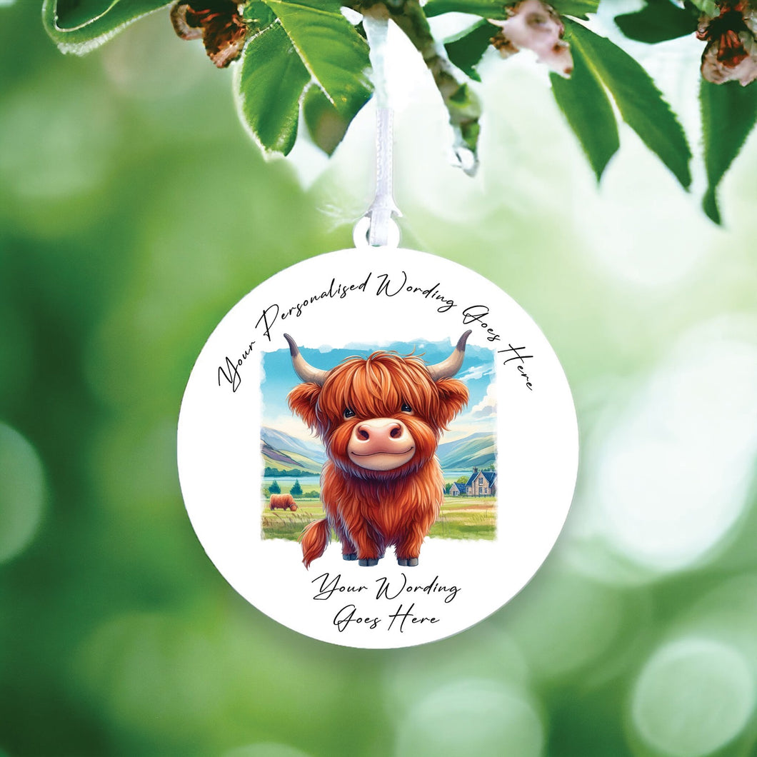 UV875 - Acrylic and UVDTF Personalised Round Hanging  - Highland Cow 9 - Olifantjie - Wooden - MDF - Lasercut - Blank - Craft - Kit - Mixed Media - UK