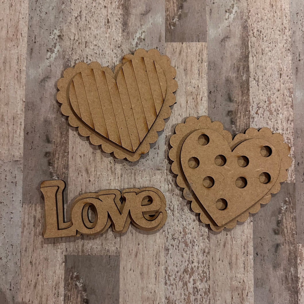 NO858 - MDF Magnet Size Valentine Love Hearts set of 3 - Olifantjie - Wooden - MDF - Lasercut - Blank - Craft - Kit - Mixed Media - UK