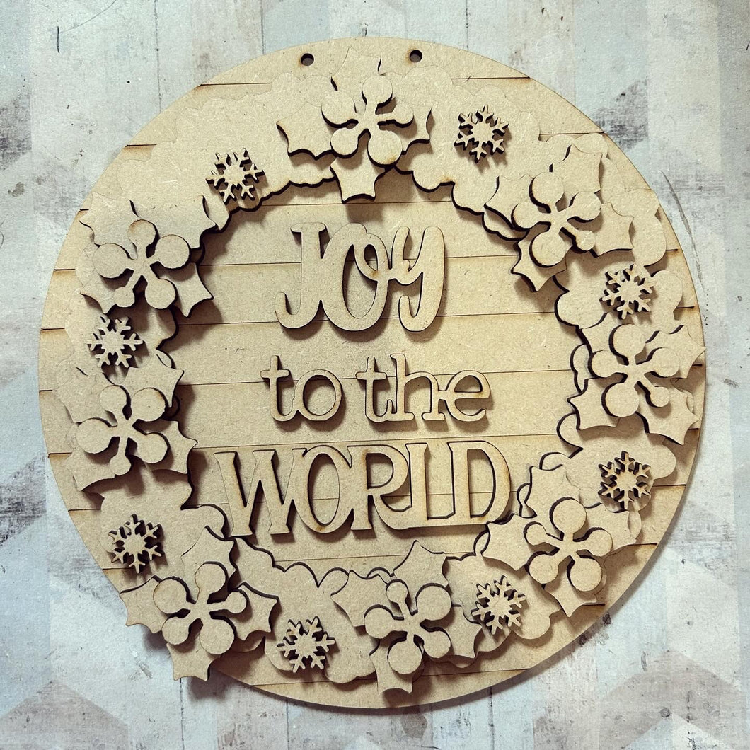 NO046 - MDF Joy to World Holly Wreath Plaque 20cm - Olifantjie - Wooden - MDF - Lasercut - Blank - Craft - Kit - Mixed Media - UK