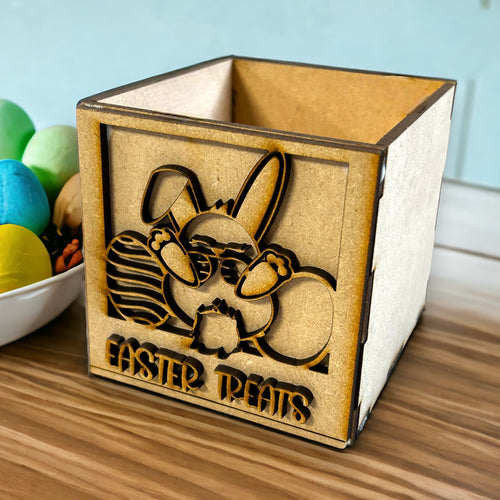 BX022 - MDF Personalised Treats, Chocolate, Gifts Box - optional lid - Full up Bunny with eggs - Olifantjie - Wooden - MDF - Lasercut - Blank - Craft - Kit - Mixed Media - UK
