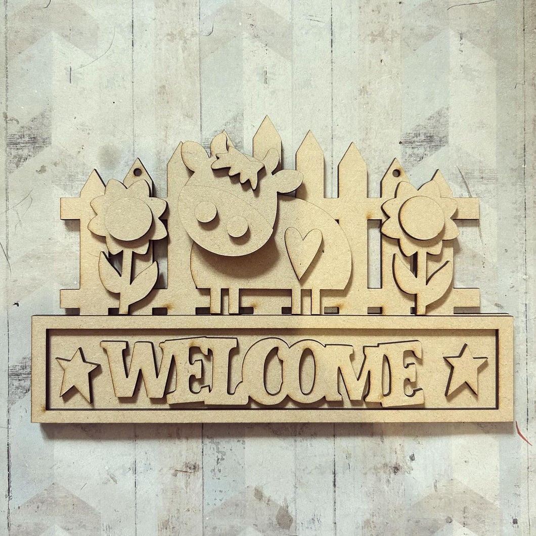 NO043 - MDF Welcome Cow Plaque 25cm - Olifantjie - Wooden - MDF - Lasercut - Blank - Craft - Kit - Mixed Media - UK