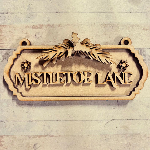 NO154 - MDF 2 Sizes Christmas Mistletoe Lane street sign Hanging Bauble - Olifantjie - Wooden - MDF - Lasercut - Blank - Craft - Kit - Mixed Media - UK