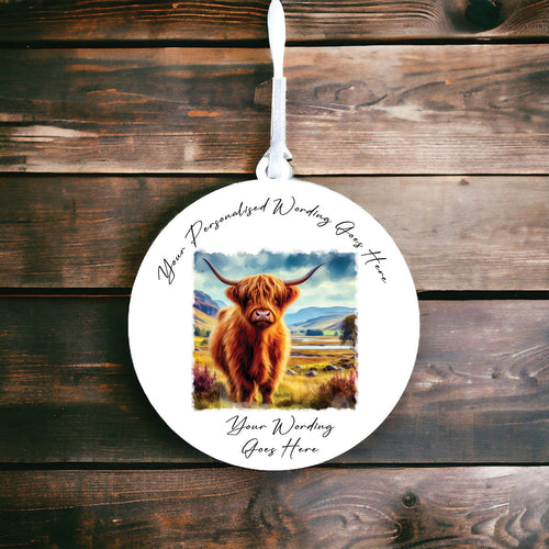 UV871 - Acrylic and UVDTF Personalised Round Hanging  - Highland Cow 5 - Olifantjie - Wooden - MDF - Lasercut - Blank - Craft - Kit - Mixed Media - UK