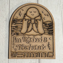 OL6152 - MDF Arched Themed Personalised Book Shelf Plaque with optional stand - Blanket Ghost Books = 5 wording choices
