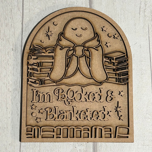 OL6152 - MDF Arched Themed Personalised Book Shelf Plaque with optional stand - Blanket Ghost Books = 5 wording choices - Olifantjie - Wooden - MDF - Lasercut - Blank - Craft - Kit - Mixed Media - UK