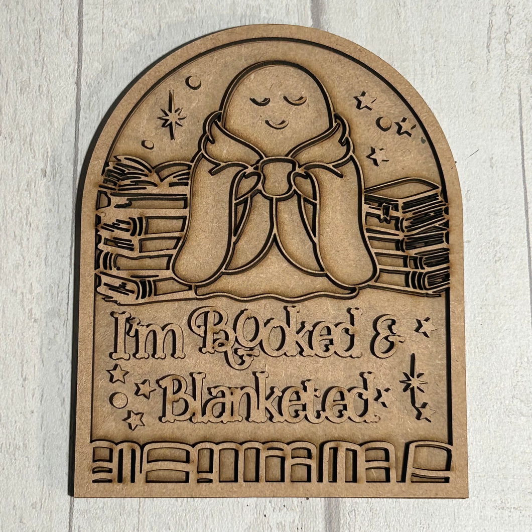 OL6152 - MDF Arched Themed Personalised Book Shelf Plaque with optional stand - Blanket Ghost Books = 5 wording choices
