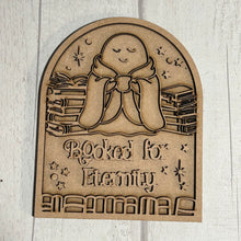 OL6152 - MDF Arched Themed Personalised Book Shelf Plaque with optional stand - Blanket Ghost Books = 5 wording choices