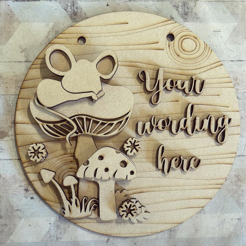 OL5138 - MDF Personalised Large Round hanging layered Plaque Sleeping Mouse on Toadstool Mushroom Theme - Olifantjie - Wooden - MDF - Lasercut - Blank - Craft - Kit - Mixed Media - UK