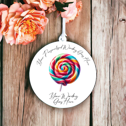 UV593 - Acrylic and UVDTF Personalised Round Hanging - Lollypop Sweet - Olifantjie - Wooden - MDF - Lasercut - Blank - Craft - Kit - Mixed Media - UK