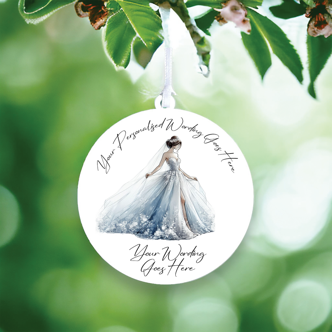 UV596 - Acrylic and UVDTF Personalised Round Hanging - Bride Wedding Dress 1 - Olifantjie - Wooden - MDF - Lasercut - Blank - Craft - Kit - Mixed Media - UK