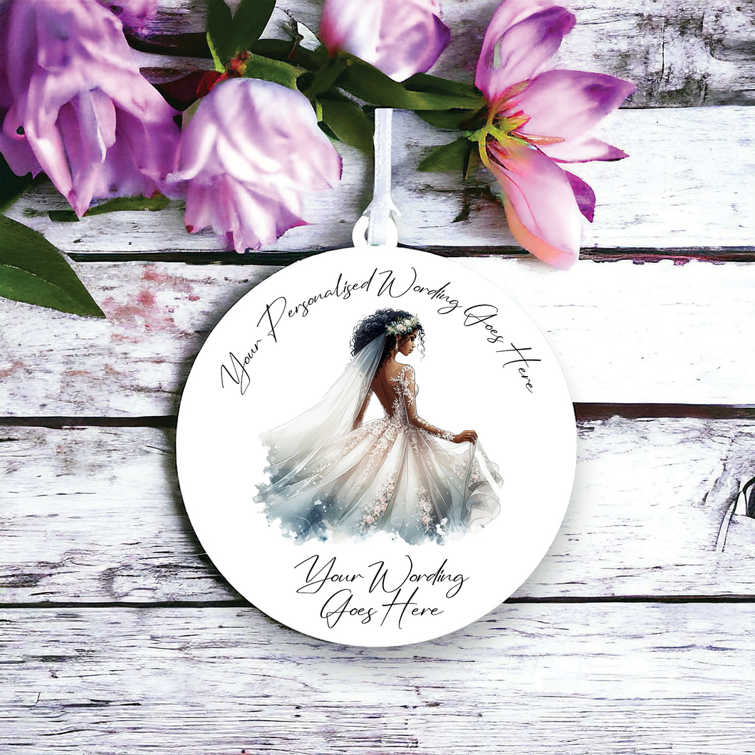 UV597 - Acrylic and UVDTF Personalised Round Hanging - Bride Wedding Dress 2 - Olifantjie - Wooden - MDF - Lasercut - Blank - Craft - Kit - Mixed Media - UK