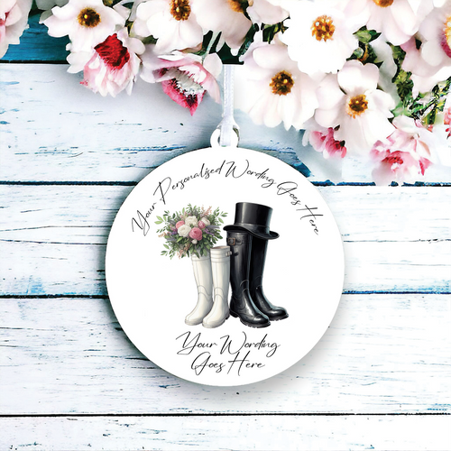 UV598 - Acrylic and UVDTF Personalised Round Hanging - Wedding Wellington Boots - Olifantjie - Wooden - MDF - Lasercut - Blank - Craft - Kit - Mixed Media - UK