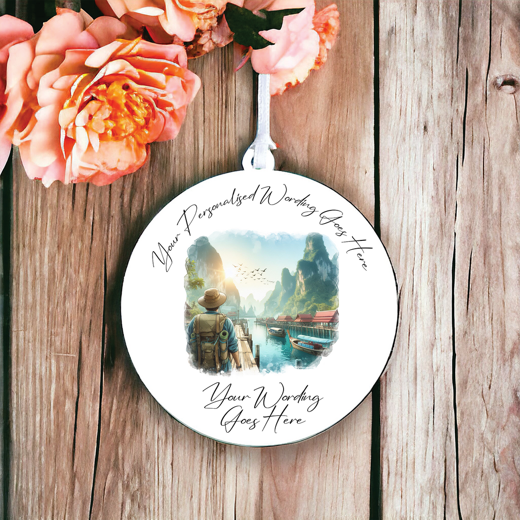 UV603 - Acrylic and UVDTF Personalised Round Hanging - Travelling Scenery Scene - Olifantjie - Wooden - MDF - Lasercut - Blank - Craft - Kit - Mixed Media - UK