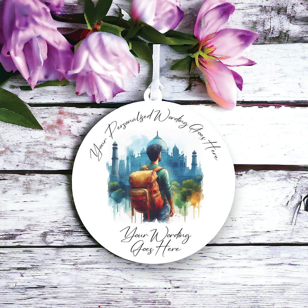 UV606 - Acrylic and UVDTF Personalised Round Hanging - Travelling Holiday Backpacker Scene - Olifantjie - Wooden - MDF - Lasercut - Blank - Craft - Kit - Mixed Media - UK