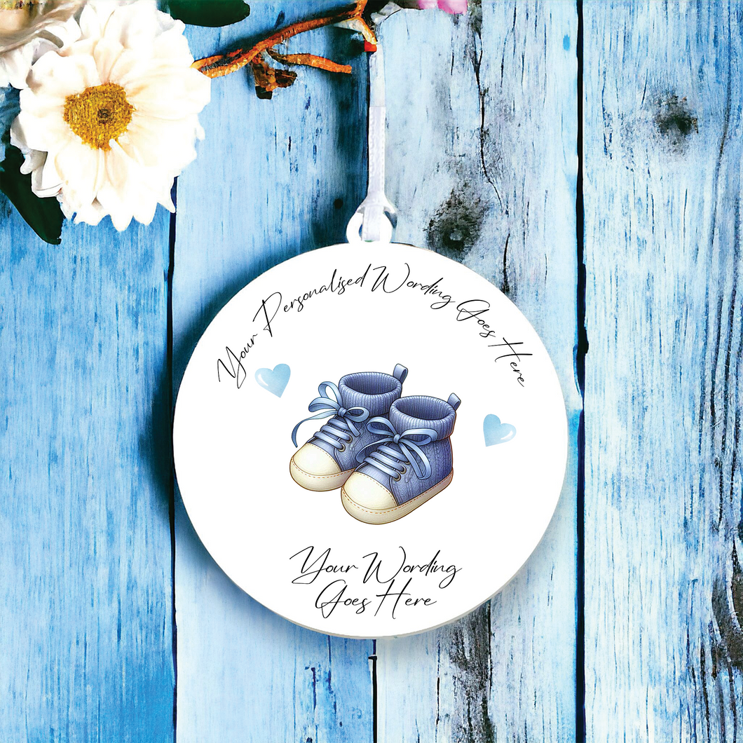 UV608 - Acrylic and UVDTF Personalised Round Hanging - New Baby Blue Baby Booties - Olifantjie - Wooden - MDF - Lasercut - Blank - Craft - Kit - Mixed Media - UK