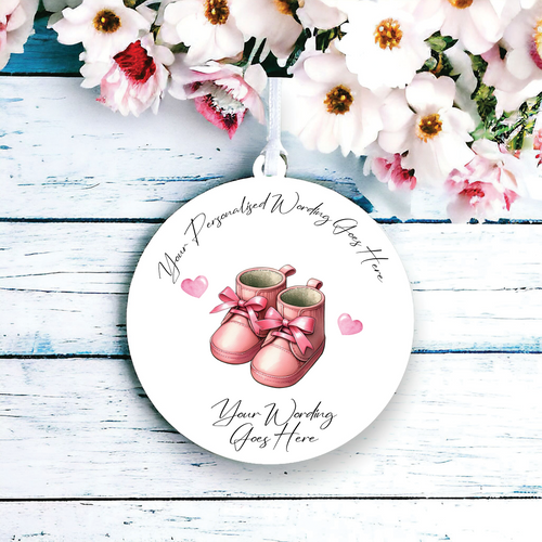 UV609 - Acrylic and UVDTF Personalised Round Hanging - New Baby Pink Baby Booties - Olifantjie - Wooden - MDF - Lasercut - Blank - Craft - Kit - Mixed Media - UK