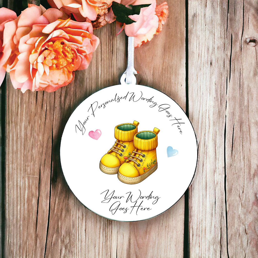 UV610 - Acrylic and UVDTF Personalised Round Hanging - New Baby Yellow Baby Booties - Olifantjie - Wooden - MDF - Lasercut - Blank - Craft - Kit - Mixed Media - UK