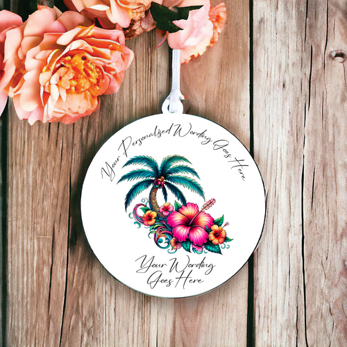 UV578 - Acrylic and UVDTF Personalised Round Hanging - Tropical Sea Palm Tree - Olifantjie - Wooden - MDF - Lasercut - Blank - Craft - Kit - Mixed Media - UK