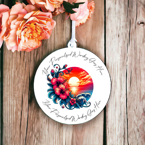 UV584 - Acrylic and UVDTF Personalised Round Hanging - Tropical Sea Sunset Beach - Olifantjie - Wooden - MDF - Lasercut - Blank - Craft - Kit - Mixed Media - UK