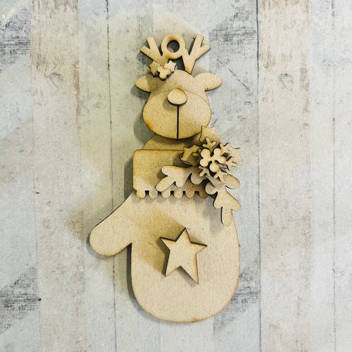 NO054 - MDF 2 Sizes Christmas Reindeer Mitten Hanging Bauble - Olifantjie - Wooden - MDF - Lasercut - Blank - Craft - Kit - Mixed Media - UK