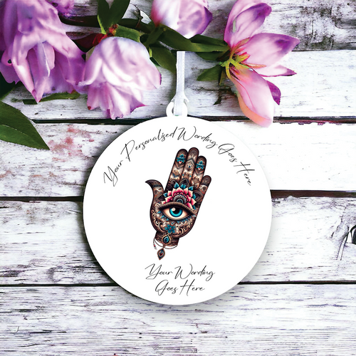 UV614 - Acrylic and UVDTF Personalised Round Hanging - Hamsa Hand C - Olifantjie - Wooden - MDF - Lasercut - Blank - Craft - Kit - Mixed Media - UK