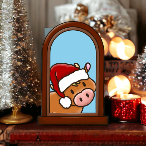 OL3665  - MDF  Christmas Highland Cow Window Doodle Kit - Olifantjie - Wooden - MDF - Lasercut - Blank - Craft - Kit - Mixed Media - UK