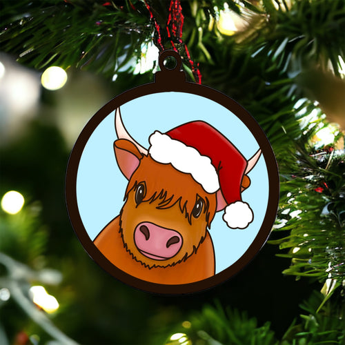 OL3672 - MDF Doodle Christmas Hanging - Highland Cow hat with or without banner - Olifantjie - Wooden - MDF - Lasercut - Blank - Craft - Kit - Mixed Media - UK