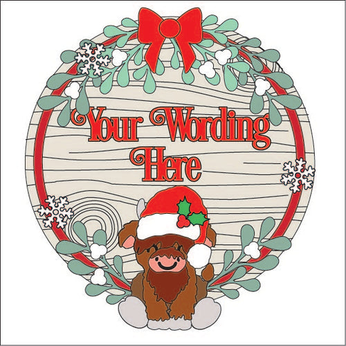 OL3683 - MDF Christmas Mistletoe Cute Highland Cow  Personalised Wreath - Olifantjie - Wooden - MDF - Lasercut - Blank - Craft - Kit - Mixed Media - UK