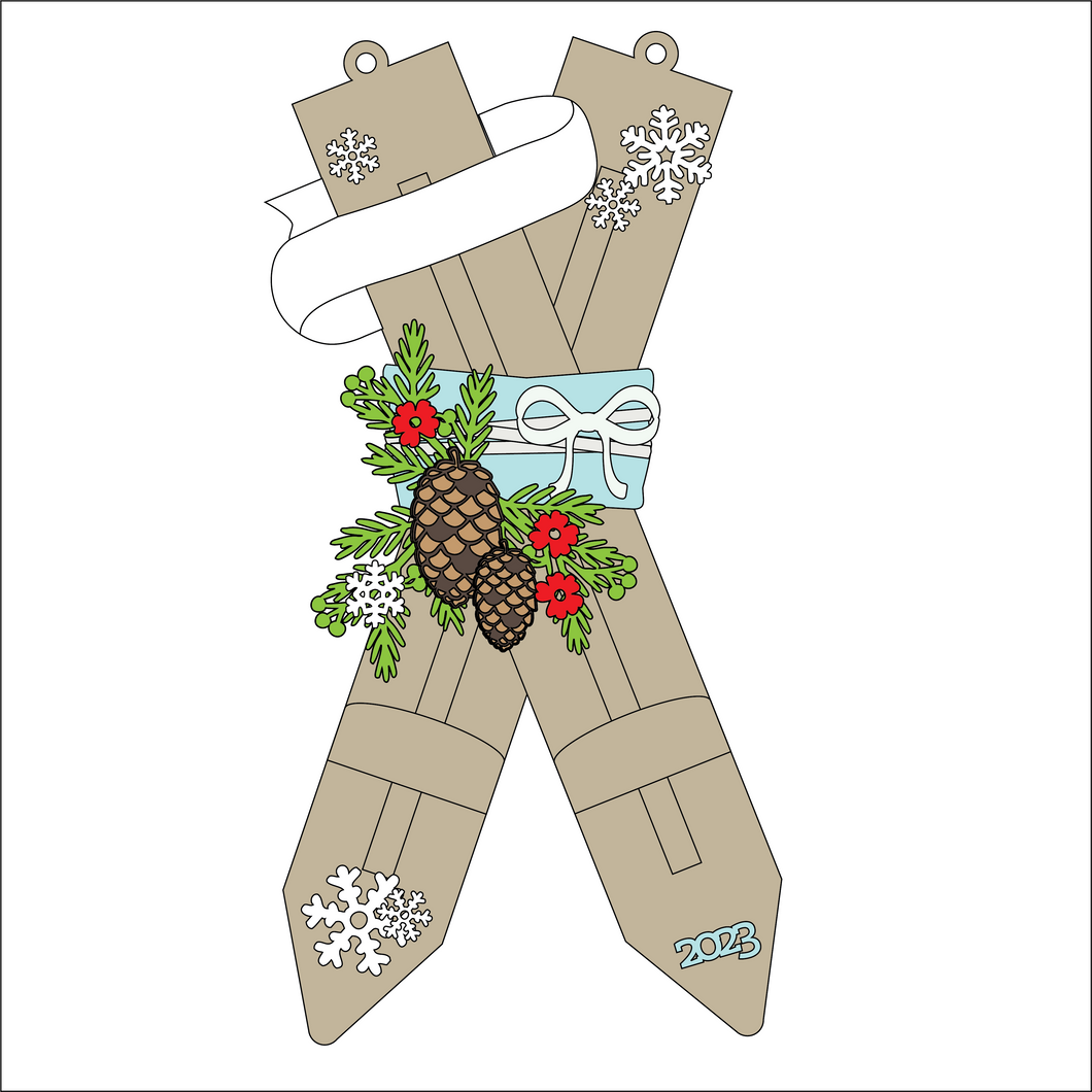 OL3809 MDF Large Ornamental Hanging Skis 30cm - Pinecones - Olifantjie - Wooden - MDF - Lasercut - Blank - Craft - Kit - Mixed Media - UK