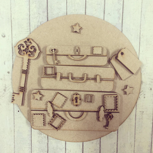Sale - Round Suitcase Plaque CC48 - Olifantjie - Wooden - MDF - Lasercut - Blank - Craft - Kit - Mixed Media - UK