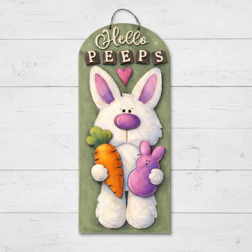 NO837 - MDF Easter Bunny Hello Peeps Hanging Plaque - 2 sizes - Olifantjie - Wooden - MDF - Lasercut - Blank - Craft - Kit - Mixed Media - UK