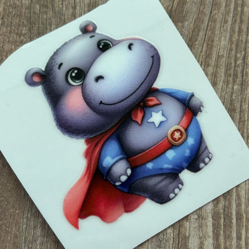 UV110 - UVDTF - Decal only - Cute Hippo Super hero - Olifantjie - Wooden - MDF - Lasercut - Blank - Craft - Kit - Mixed Media - UK