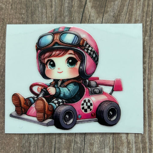 UV097 - UVDTF - Decal only - Dress up child Racing Driver Girl - Olifantjie - Wooden - MDF - Lasercut - Blank - Craft - Kit - Mixed Media - UK