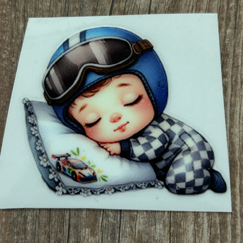 UV091 - UVDTF - Decal only Dress up Child - Sleeping Racing Driver - Olifantjie - Wooden - MDF - Lasercut - Blank - Craft - Kit - Mixed Media - UK