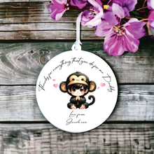 UV009 - Acrylic and UVDTF Personalised Round Hanging - Monkey Hearts Child Dress up 2 - Olifantjie - Wooden - MDF - Lasercut - Blank - Craft - Kit - Mixed Media - UK