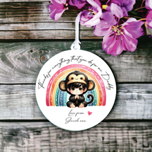 UV008 - Acrylic and UVDTF Personalised Round Hanging - Monkey Rainbow Child Dress up 2 - Olifantjie - Wooden - MDF - Lasercut - Blank - Craft - Kit - Mixed Media - UK