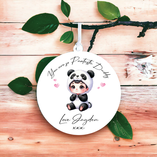 UV019 - Acrylic and UVDTF Personalised Round Hanging - Panda Hearts Child Dress up 1 - Olifantjie - Wooden - MDF - Lasercut - Blank - Craft - Kit - Mixed Media - UK